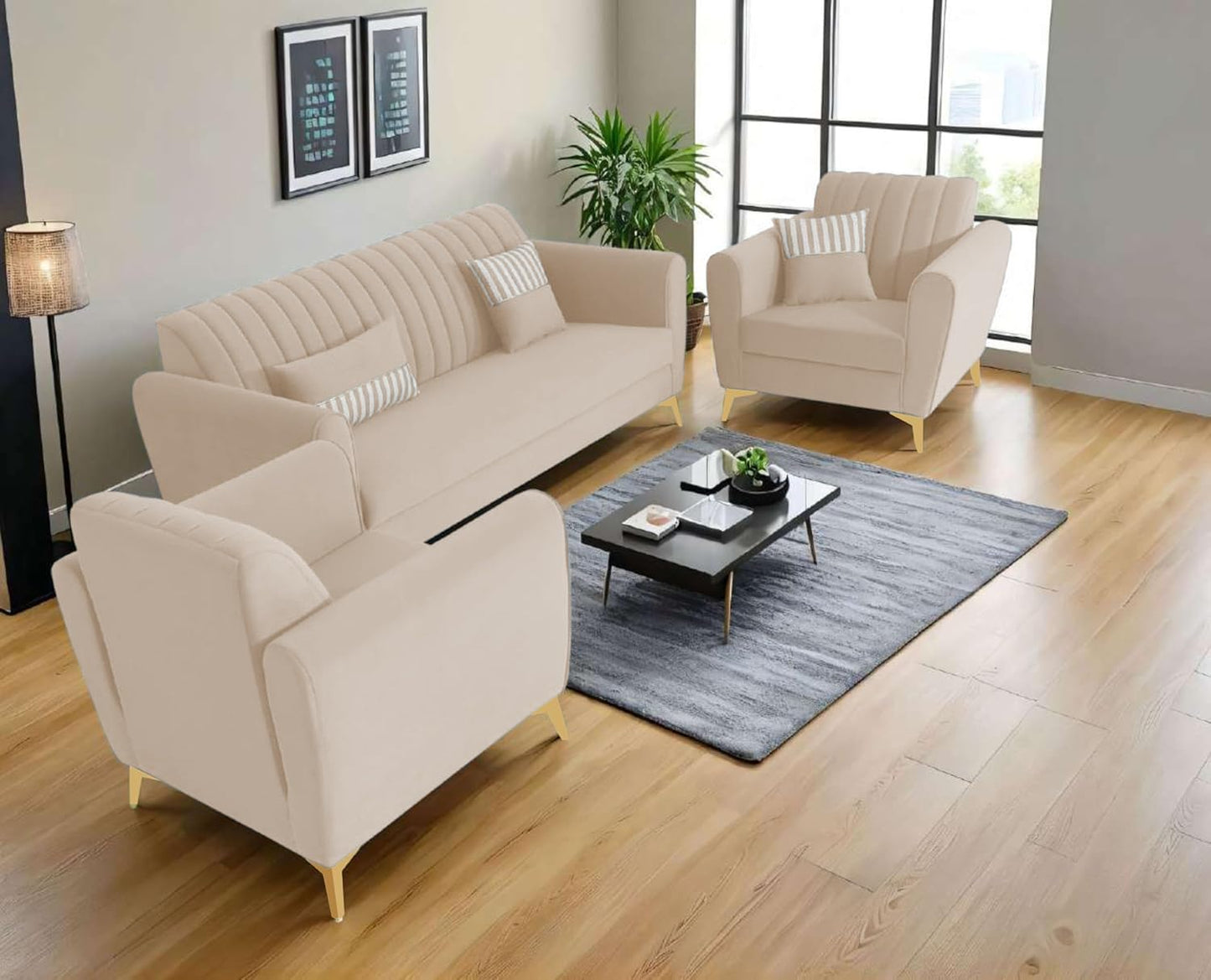 Adorn India Premium Luster 3-1-1 Sofa Set | Velvet Suede Fabric | 3-Year Warranty | Color Cream with Golden Legs & Striped Pattern Cushion