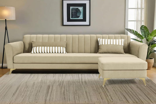 Adorn India Premium Luster 4 Seater L Shape Sofa Set | Velvet Suede Fabric | 3-Year Warranty | Color Beige with Golden Legs & Striped Pattern Cushion