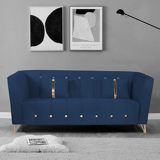 Adorn India Premium Lotus 3 Seater Sofa (Velvet Suede Fabric Colour Blue)