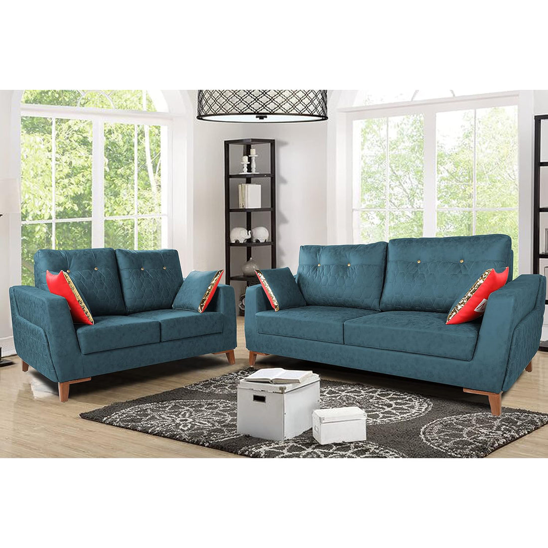 Premium Phoenix 3+2 5 Seater Sofa Set (Leatherette Suede Fabric Colour Blue)