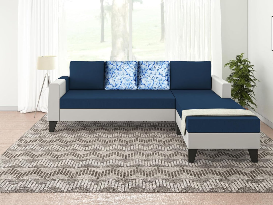 Ashley Digital Print Leatherette Fabric L Shape 5 Seater Sofa Set RHS (Blue & White)