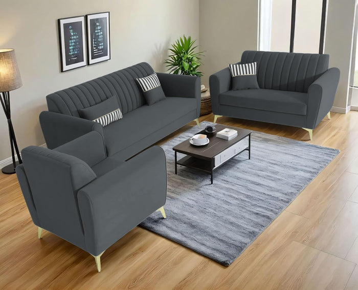 Adorn India Premium Luster 3+2+1 Sofa Set | Velvet Suede Fabric | 3-Year Warranty | Color Dark Grey with Golden Legs & Striped Pattern Cushion