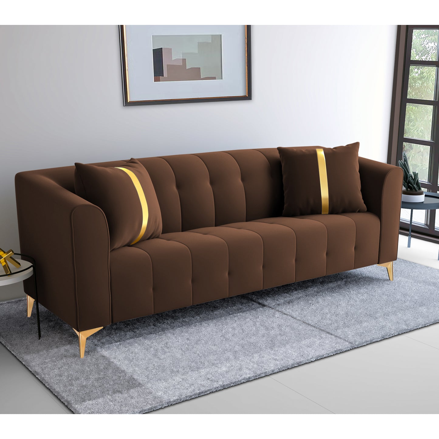 Adorn India Premium Mystic - 3 Years Warranty - 3 Seater Sofa Velvet Suede Fabric -Brown