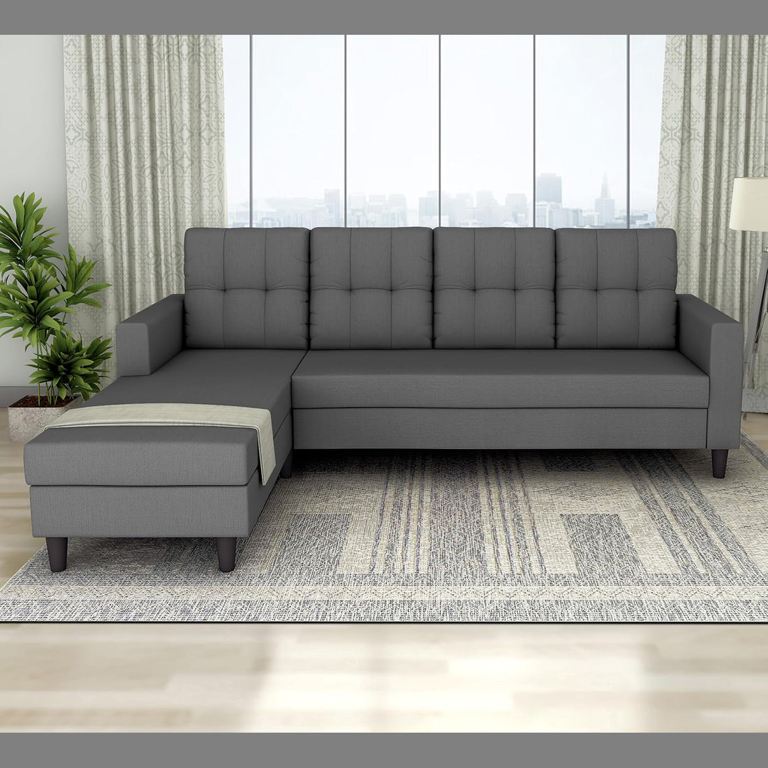 Adorn India Darcy L Shape 5 Seater Sofa Set (LHS) (Grey) (3 Year Warranty)