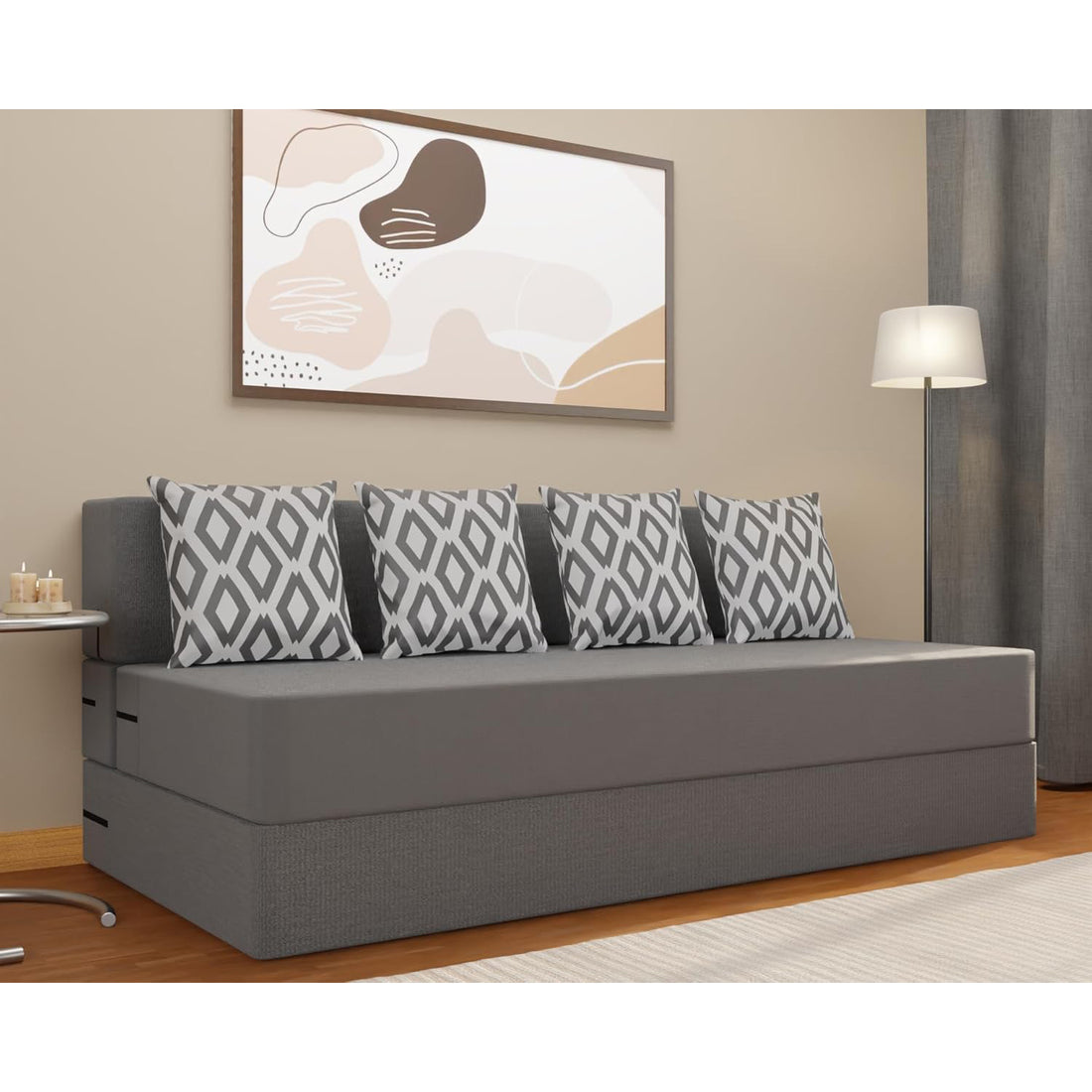 Adorn India Easy 4 Seater Sofa Cum Bed (Rhombus Pattern) Chennile Fabric - Washable Cover - Including 4 Cushion - Size 6' x 6' Ft (Grey Color) Perfect for Home & Office for Guests