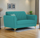 Adorn India Premium Luster 2 Seater | Velvet Suede Fabric | 3-Year Warranty | Color Aqua Blue with Golden Legs & Striped Pattern Cushion