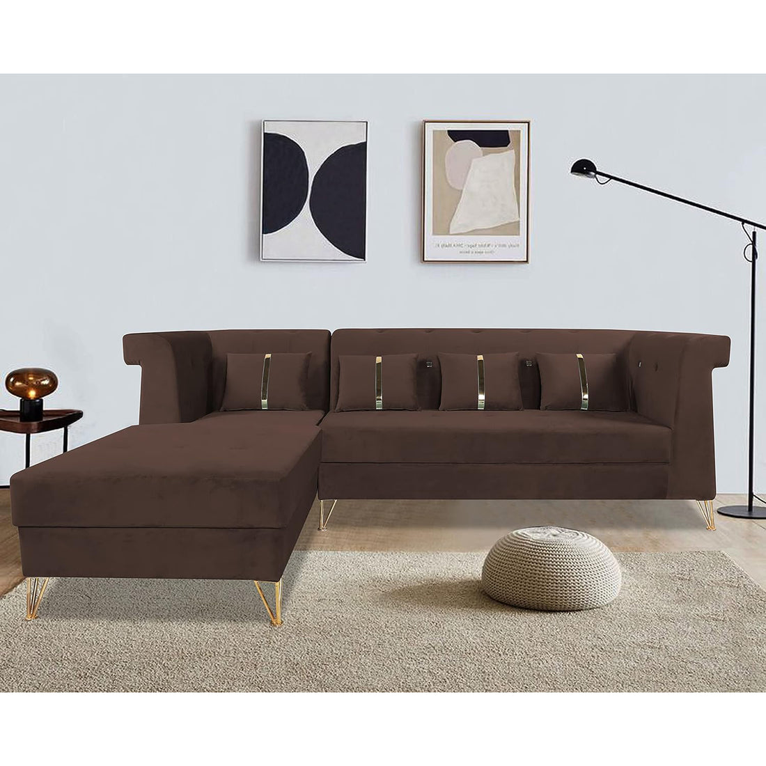 Premium Raygan L Shape 6 Seater Sofa Set Left Side (Velvet Fabric Colour Brown)