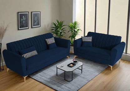 Adorn India Premium Luster 3+2 Sofa Set | Velvet Suede Fabric | 3-Year Warranty | Color Blue with Golden Legs & Striped Pattern Cushion