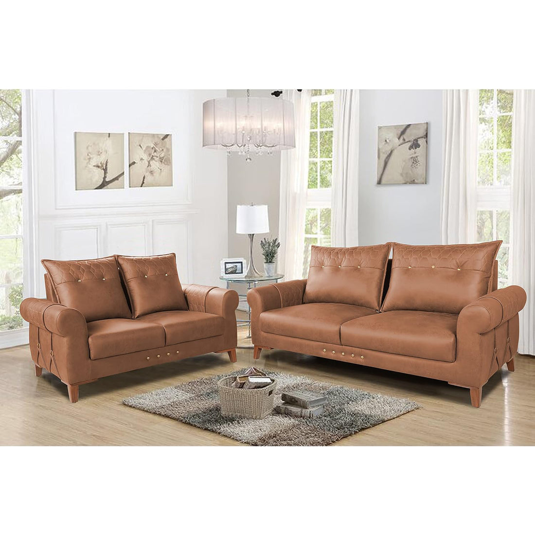 Adorn India Premium Jarvis 3+2 Five Seater Sofa Set (Leatherette Suede Fabric Colour Tan)