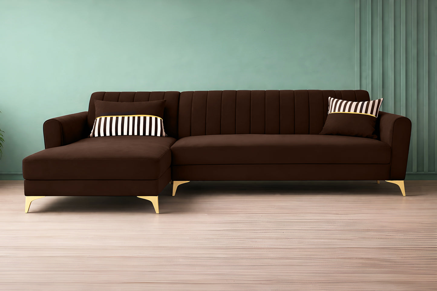 Adorn India Premium Luster 6 Seater L Shape Sofa Set | Velvet Suede Fabric | 3-Year Warranty | LHS |Color Brown with Golden Legs & Striped Pattern Cushion