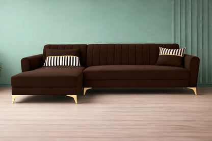 Adorn India Premium Luster 6 Seater L Shape Sofa Set | Velvet Suede Fabric | 3-Year Warranty | LHS |Color Brown with Golden Legs & Striped Pattern Cushion