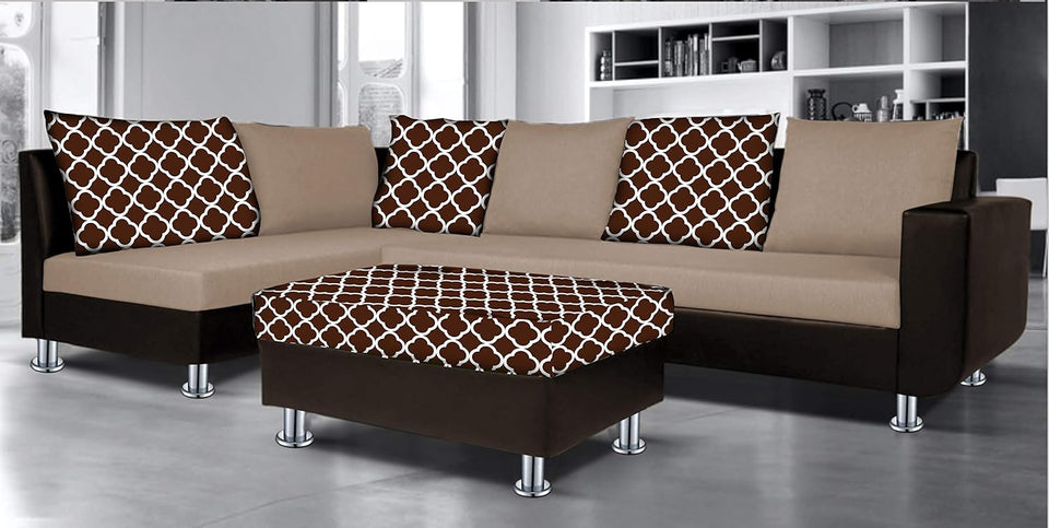 (Atlanta 6 Seater Leatherette & Fabric Corner Sofa Left Hand Side with Ottoman (Brown & Beige))