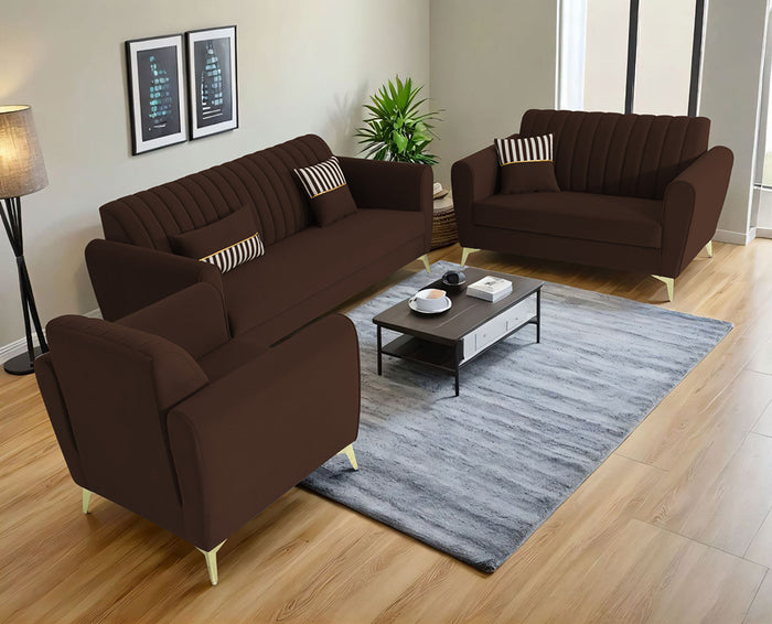Adorn India Premium Luster 3-2-1 Sofa Set | Velvet Suede Fabric | 3-Year Warranty | Color Brown with Golden Legs & Striped Pattern Cushion