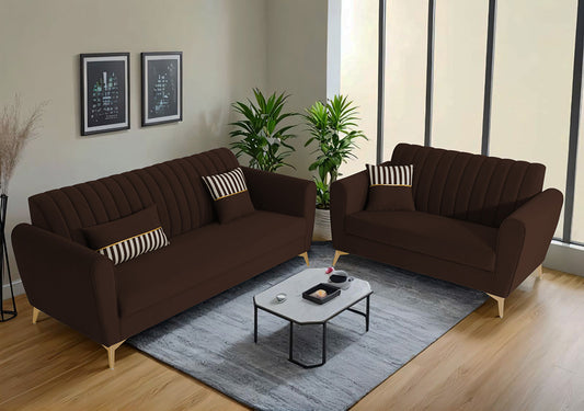 Adorn India Premium Luster 3-2 Sofa Set | Velvet Suede Fabric | 3-Year Warranty | Color Brown with Golden Legs & Striped Pattern Cushion