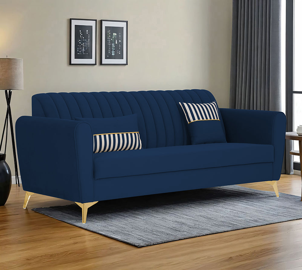 Adorn India Premium Luster 3 Seater | Velvet Suede Fabric | 3-Year Warranty | Color Blue with Golden Legs & Striped Pattern Cushion