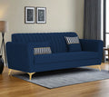 Adorn India Premium Luster 3 Seater | Velvet Suede Fabric | 3-Year Warranty | Color Blue with Golden Legs & Striped Pattern Cushion
