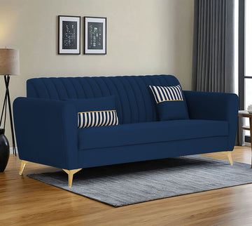 Adorn India Premium Luster 3 Seater | Velvet Suede Fabric | 3-Year Warranty | Color Blue with Golden Legs & Striped Pattern Cushion