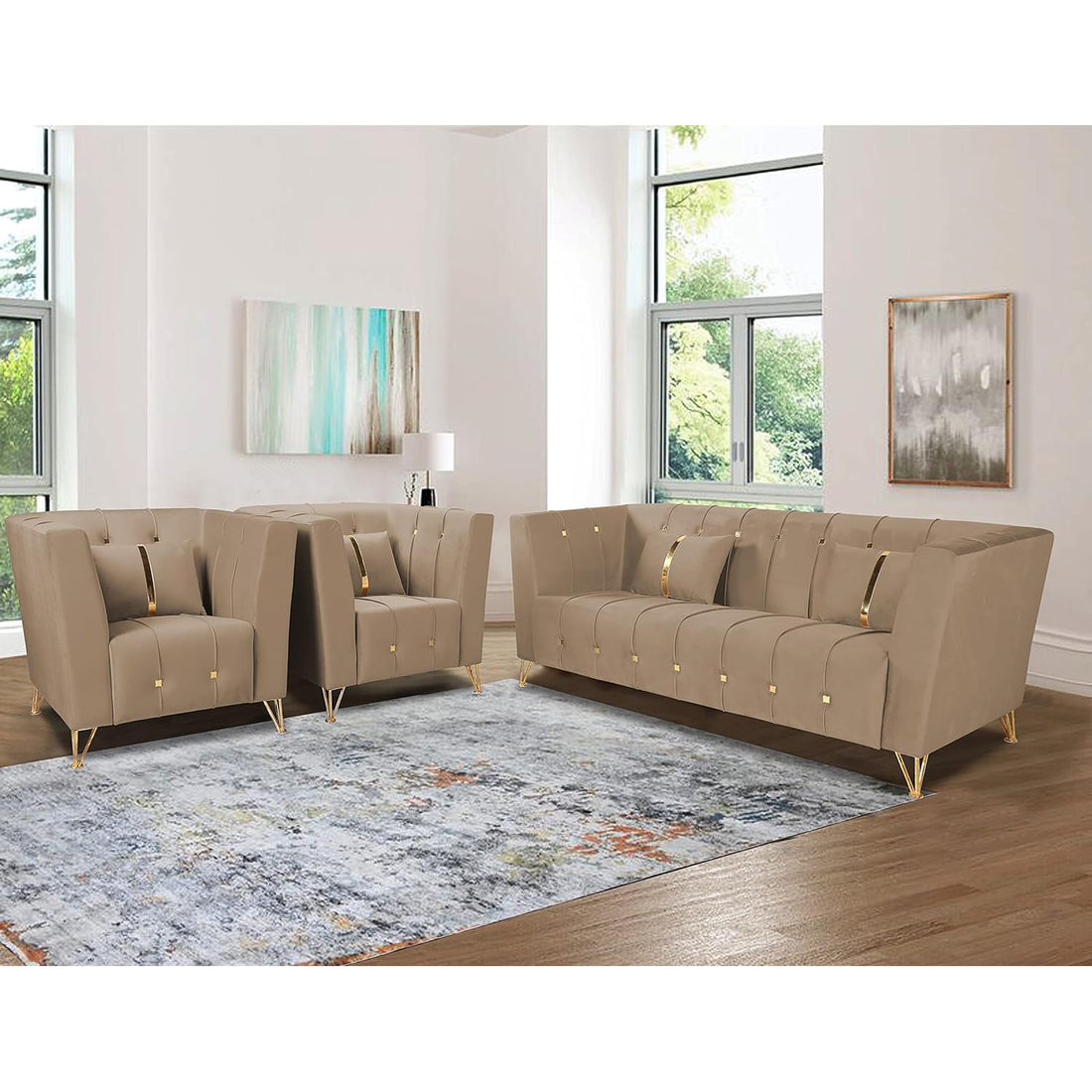 Adorn India Premium Lotus 3-1-1 5 Seater Sofa (Velvet Fabric Colour Camel)
