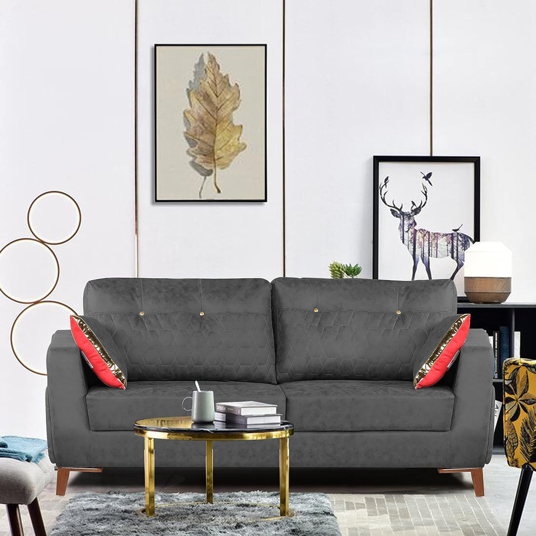 Adorn India Premium Phoenix 3 Seater Sofa (Leatherette Suede Fabric Colour Grey)