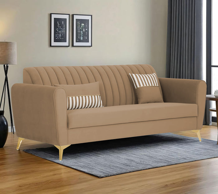 Adorn India Premium Luster 3 Seater | Velvet Suede Fabric | 3-Year Warranty | Color Camel with Golden Legs & Striped Pattern Cushion