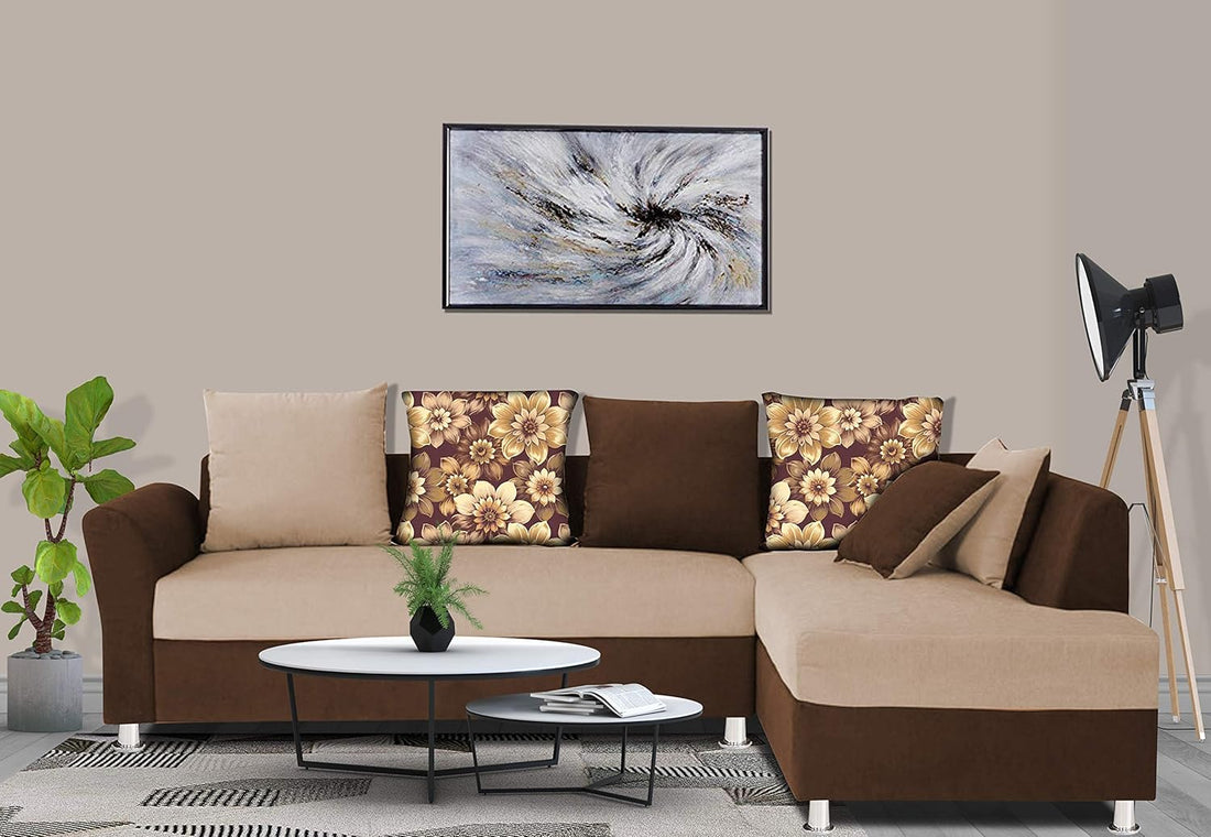 Adorn India (3 Years Warranty Boom 6 Seater Corner Sofa Floral Cushion Right Hand Side (Brown & Beige)