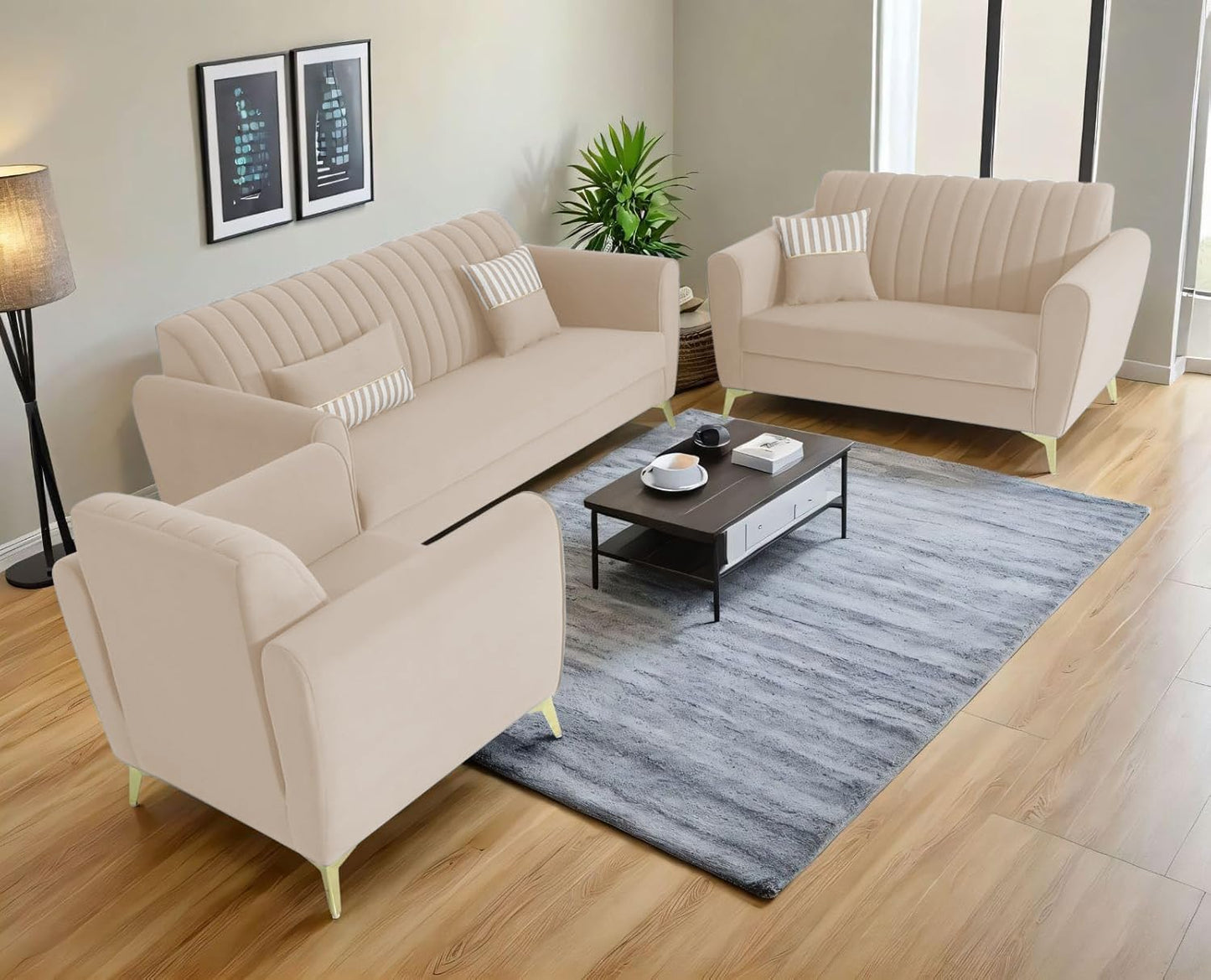 Adorn India Premium Luster 3-2-1 Sofa Set | Velvet Suede Fabric | 3-Year Warranty | Color Cream with Golden Legs & Striped Pattern Cushion