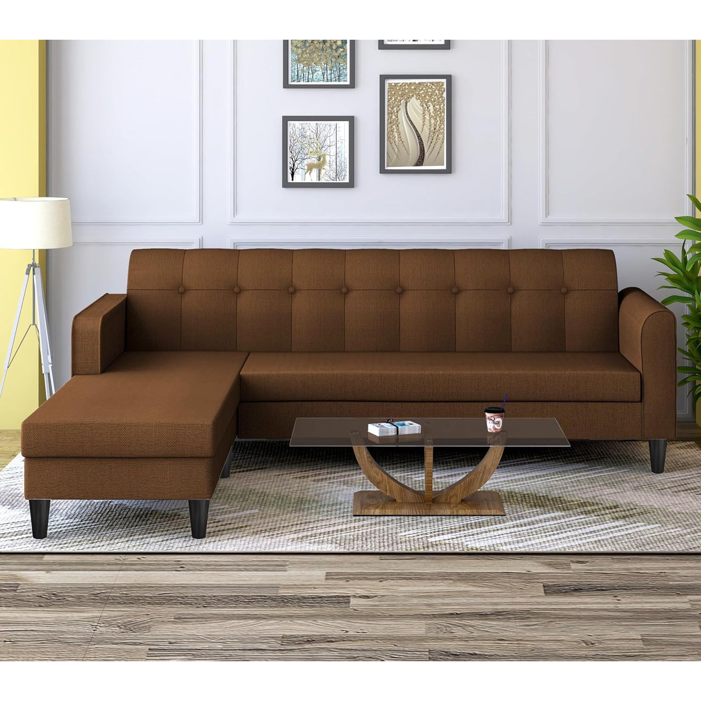 Adorn India Wood Rio Elegant L Shape 5 Seater Sofa Set (LHS) (Brown)