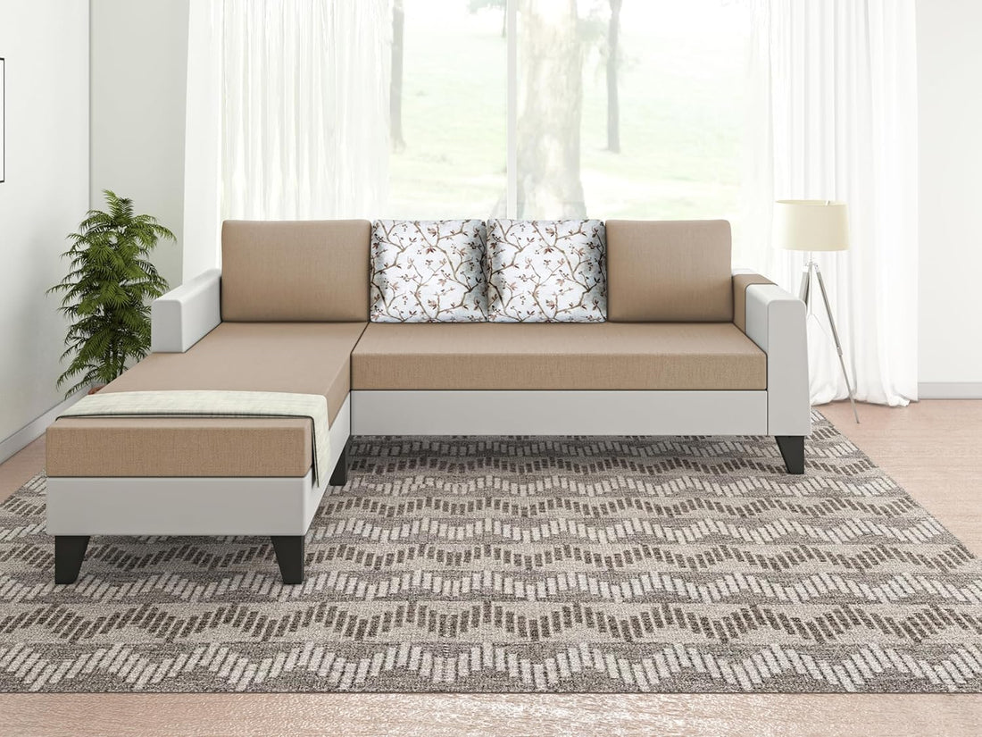 Ashley Digital Print Leatherette Fabric L Shape 5 Seater Sofa Set LHS (Beige & White)