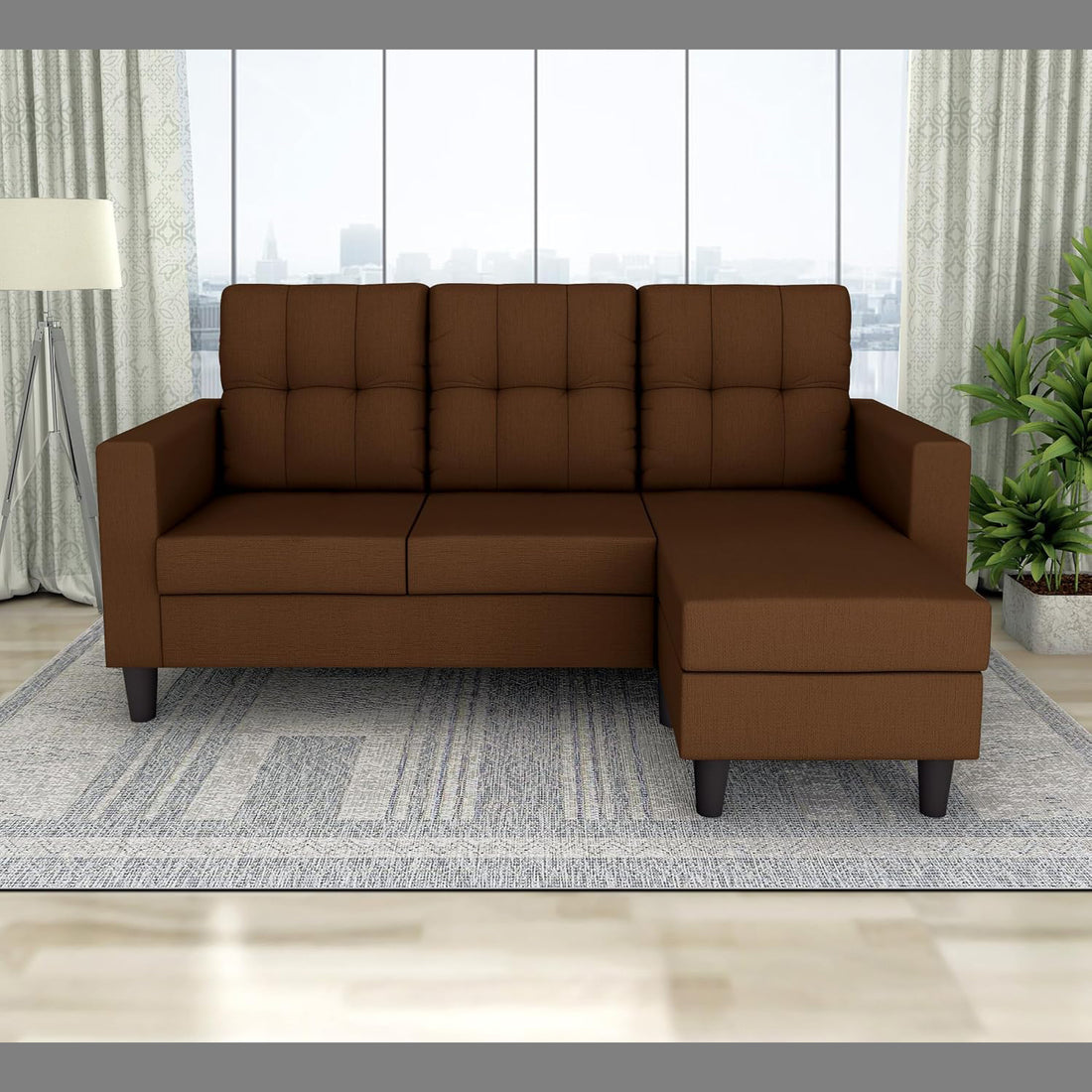 Adorn India Darcy L Shape 4 Seater Sofa Set (Brown) (3 Year Warranty)