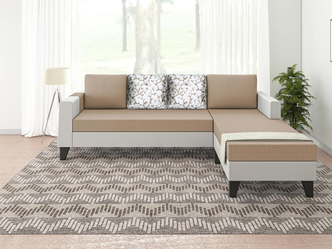 Ashley Digital PrintLeatherette Fabric L Shape 5 Seater Sofa Set RHS (Beige & White)