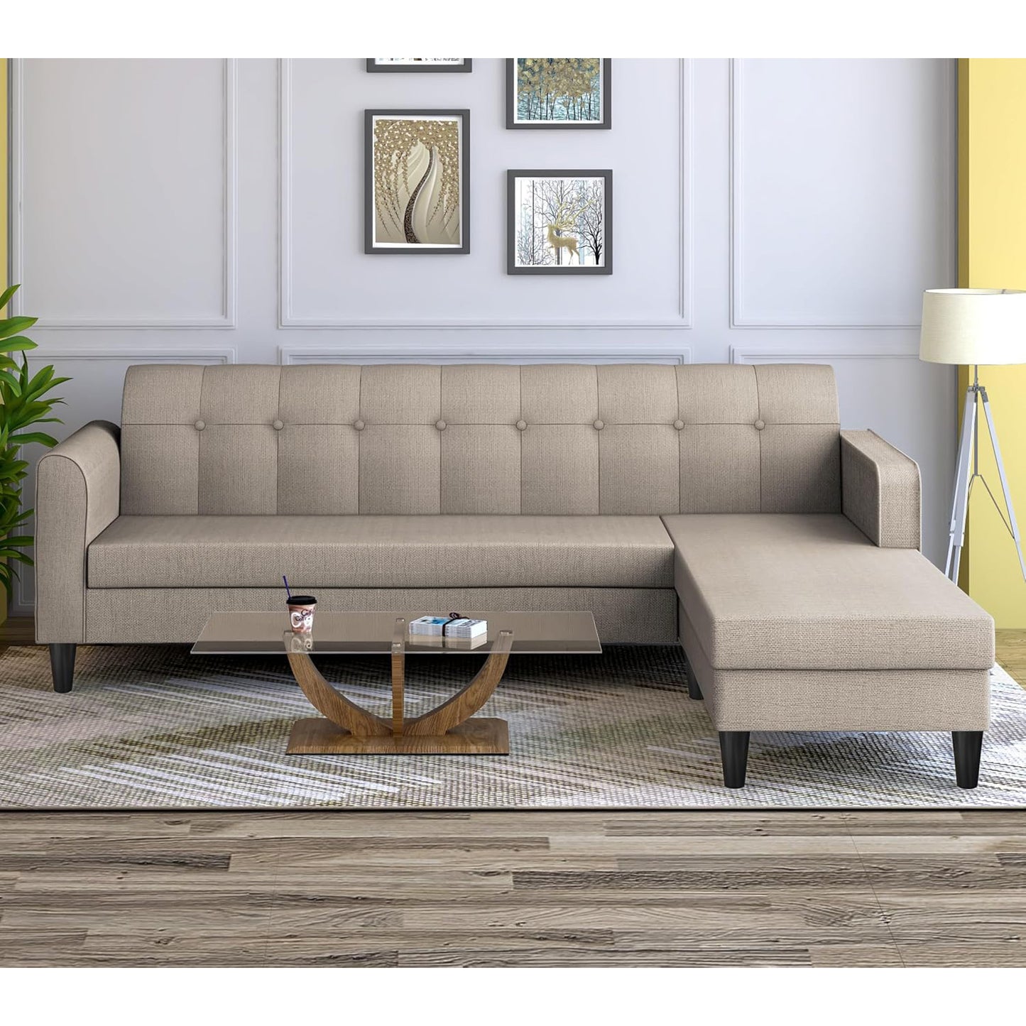 Adorn India Wood Rio Elegant L Shape 5 Seater Sofa Set (RHS) (Beige)