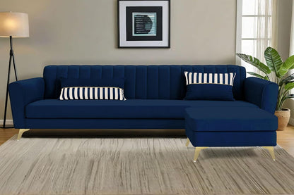 Adorn India Premium Luster 4 Seater L Shape Sofa Set | Velvet Suede Fabric | 3-Year Warranty | Color Blue with Golden Legs & Striped Pattern Cushion