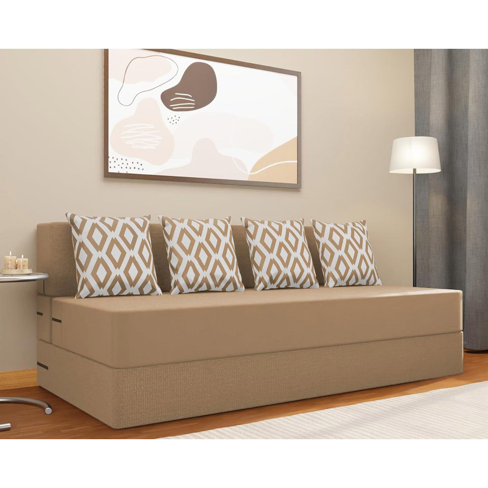 4 Seater Sofa Cum Bed Easy (Rhombus Pattern) Chennile Fabric - - Including 4 Cushion - Size 6x6 (Beige Color)