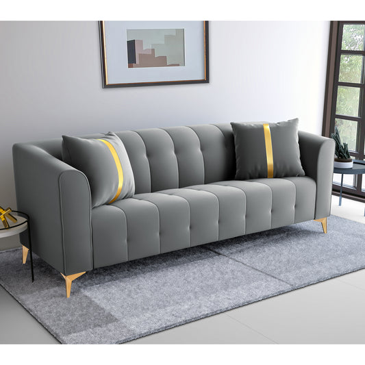 Adorn India Premium Mystic - 3 Years Warranty - 3 Seater Sofa Velvet Suede Fabric -Grey