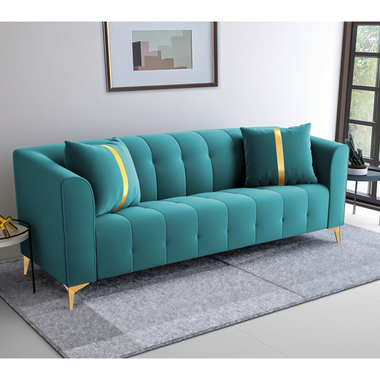 Adorn India Premium Mystic - 3 Years Warranty - 3 Seater Sofa Velvet Suede Fabric - Aqua Blue