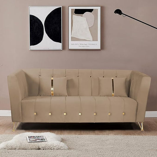 Adorn India Premium Lotus 3 Seater Sofa (Velvet Fabric Colour Camel)