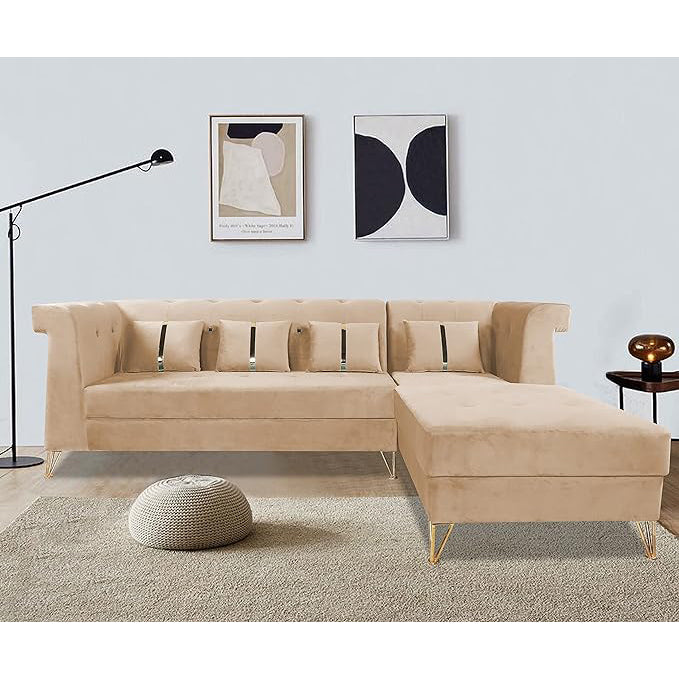 Premium Raygan L Shape 6 Seater Sofa Set Right Side (Velvet Fabric Colour Beige)