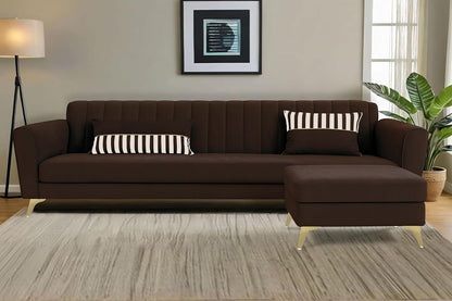 Adorn India Premium Luster 4 Seater L Shape Sofa Set | Velvet Suede Fabric | 3-Year Warranty | Color Grey Brown with Golden Legs & Striped Pattern Cushion