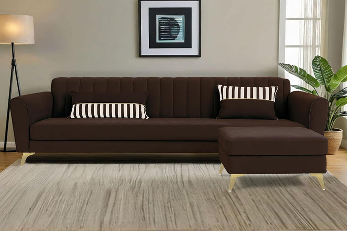 Adorn India Premium Luster 4 Seater L Shape Sofa Set | Velvet Suede Fabric | 3-Year Warranty | Color Grey Brown with Golden Legs & Striped Pattern Cushion