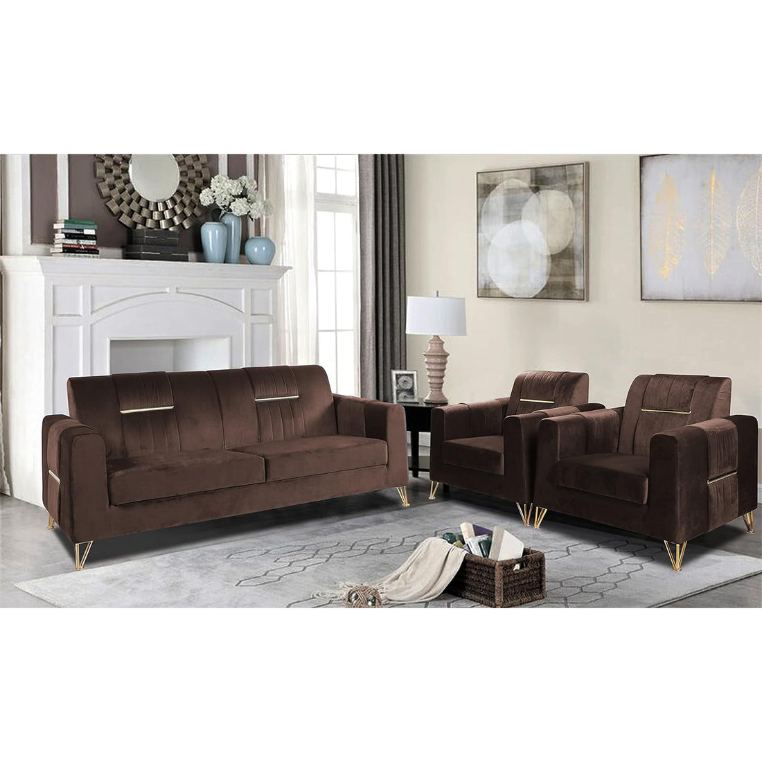 Premium Benington 3-1-1 5 Seater Sofa Set (Velvet Fabric Colour Brown)