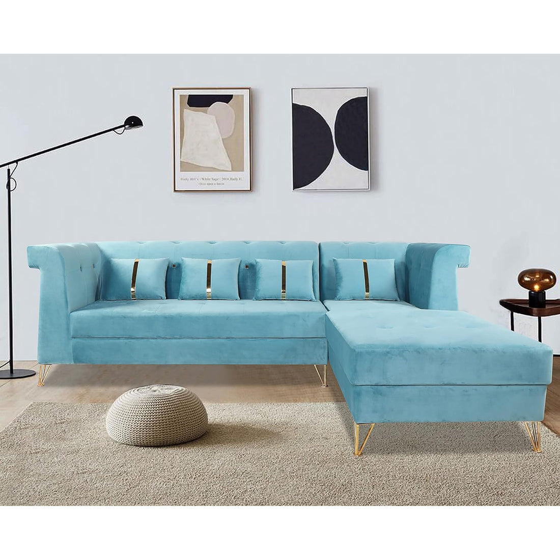 Premium Raygan L Shape 6 Seater Sofa Set Right Side (Velvet Fabric Colour Aqua Blue)
