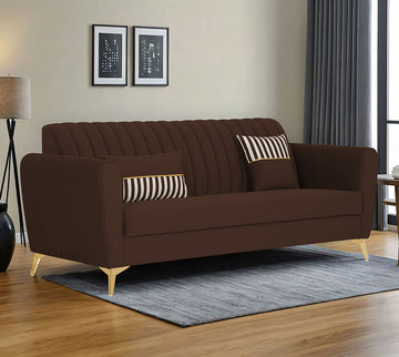 Adorn India Premium Luster 3 Seater | Velvet Suede Fabric | 3-Year Warranty | Color Brown with Golden Legs & Striped Pattern Cushion