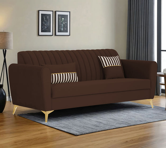 Adorn India Premium Luster 3 Seater | Velvet Suede Fabric | 3-Year Warranty | Color Brown with Golden Legs & Striped Pattern Cushion
