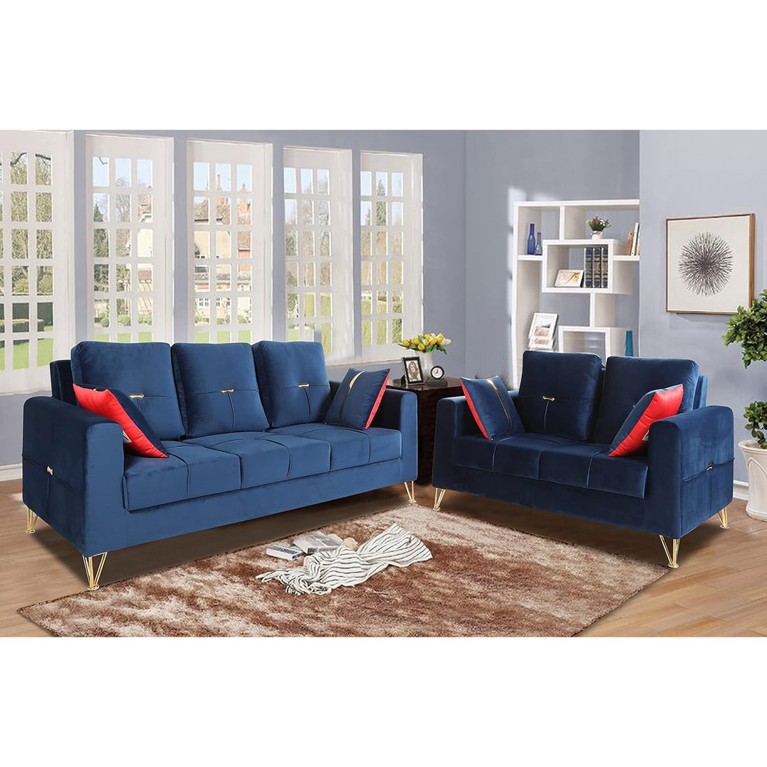 Premium Morgan 3-2 5 Seater Sofa Set (Velvet Fabric Colour Blue)