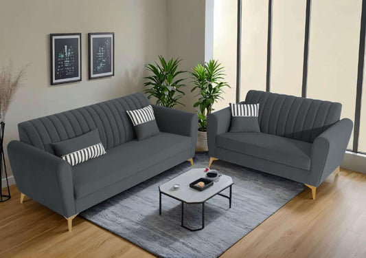 Adorn India Premium Luster 3+2 Sofa Set | Velvet Suede Fabric | 3-Year Warranty | Color Dark Grey with Golden Legs & Striped Pattern Cushion