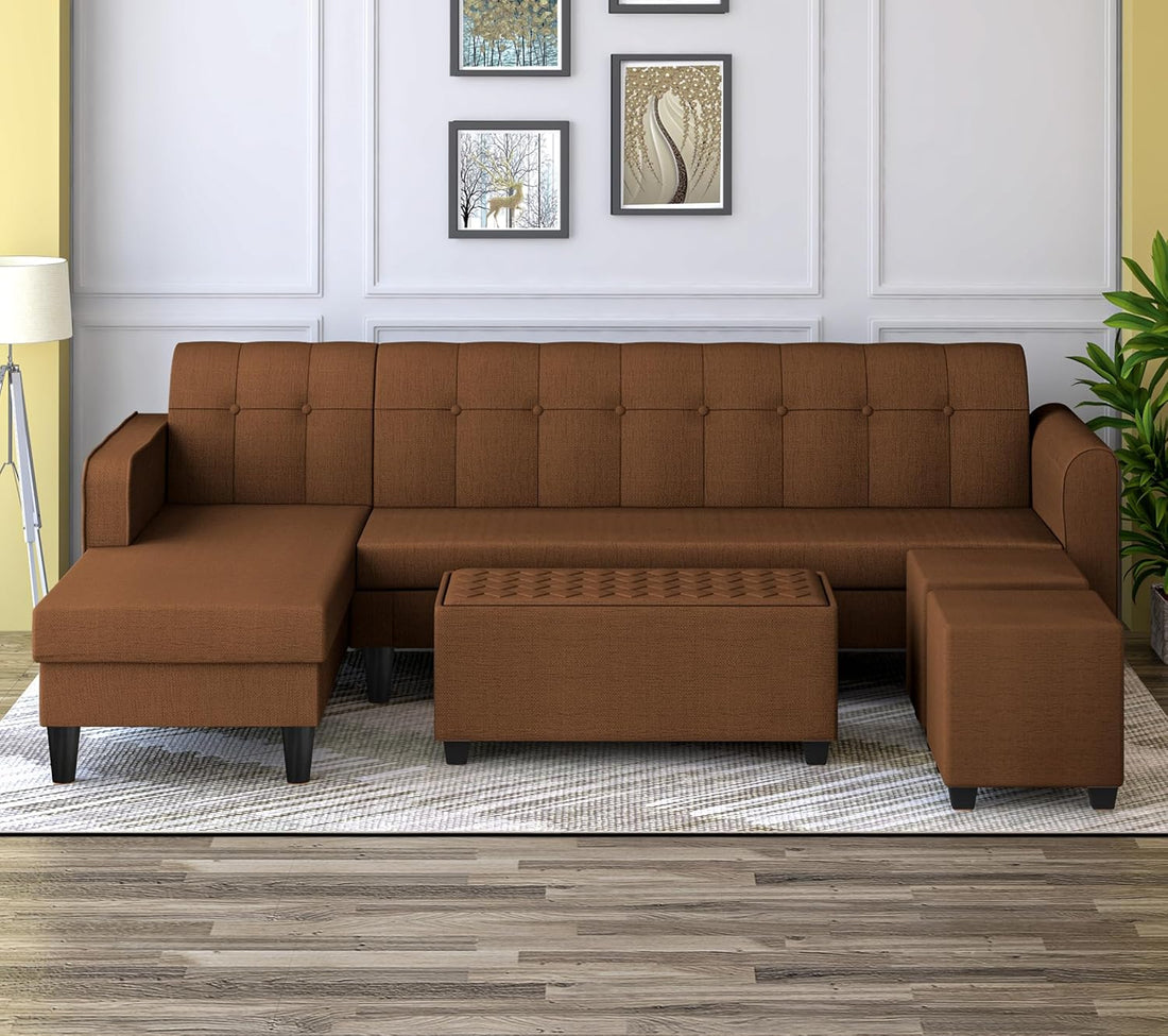 Rio Elegant L Shape 8 Seater Sofa Set with Center Table and 2 Ottoman Puffy (LHS) (Brown)