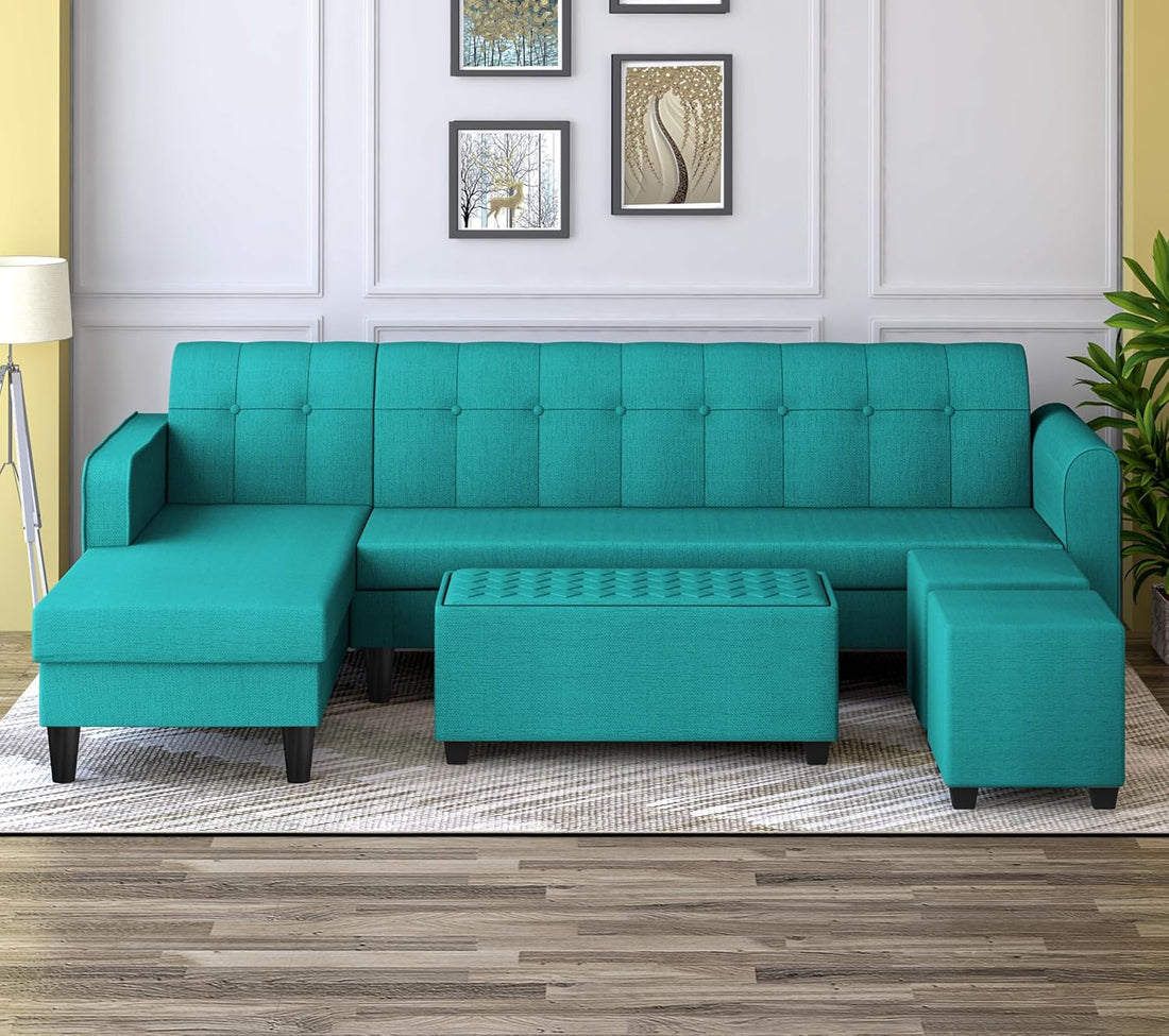 Rio Elegant L Shape 8 Seater Sofa Set with Center Table and 2 Ottoman Puffy (LHS) (Aqua Blue)
