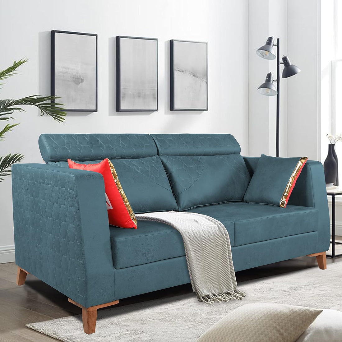 Adorn India Premium Pluto 3 Seater Sofa (Blue)