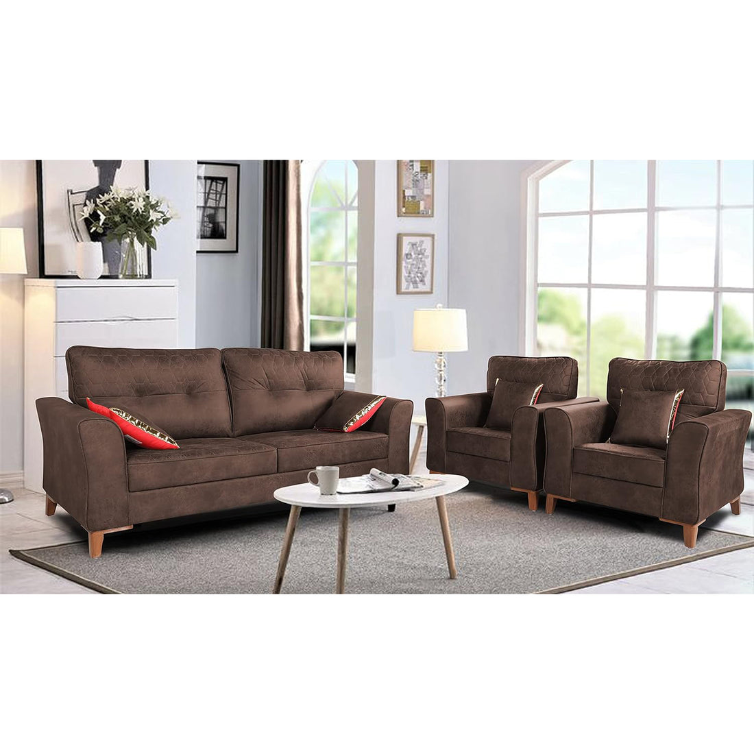 Premium Aslaug 3-1-1 Sofa Set (Leatherette Suede Fabric Colour Brown)
