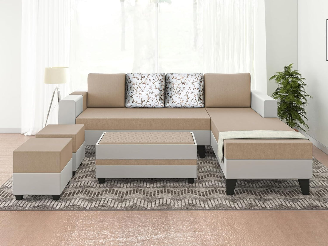 Adorn India Ashley Digitel Print Leatherette Fabric L Shape 8 Seater Sofa Set with 2 Ottoman Puffy & Center Table RHS (Beige & White) (3 Year Warranty)